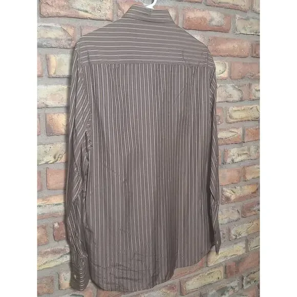 Perry Ellis Shirt Mens M Brown Striped Silk Blend Hidden Button Dress NWT - Picture 6 of 6